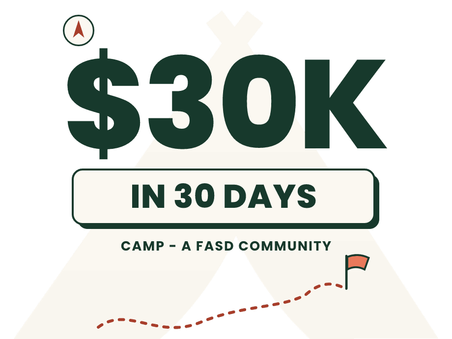 $30K in 30 Days, CAMP - A FASD Community, with a tent, compass and trail flag